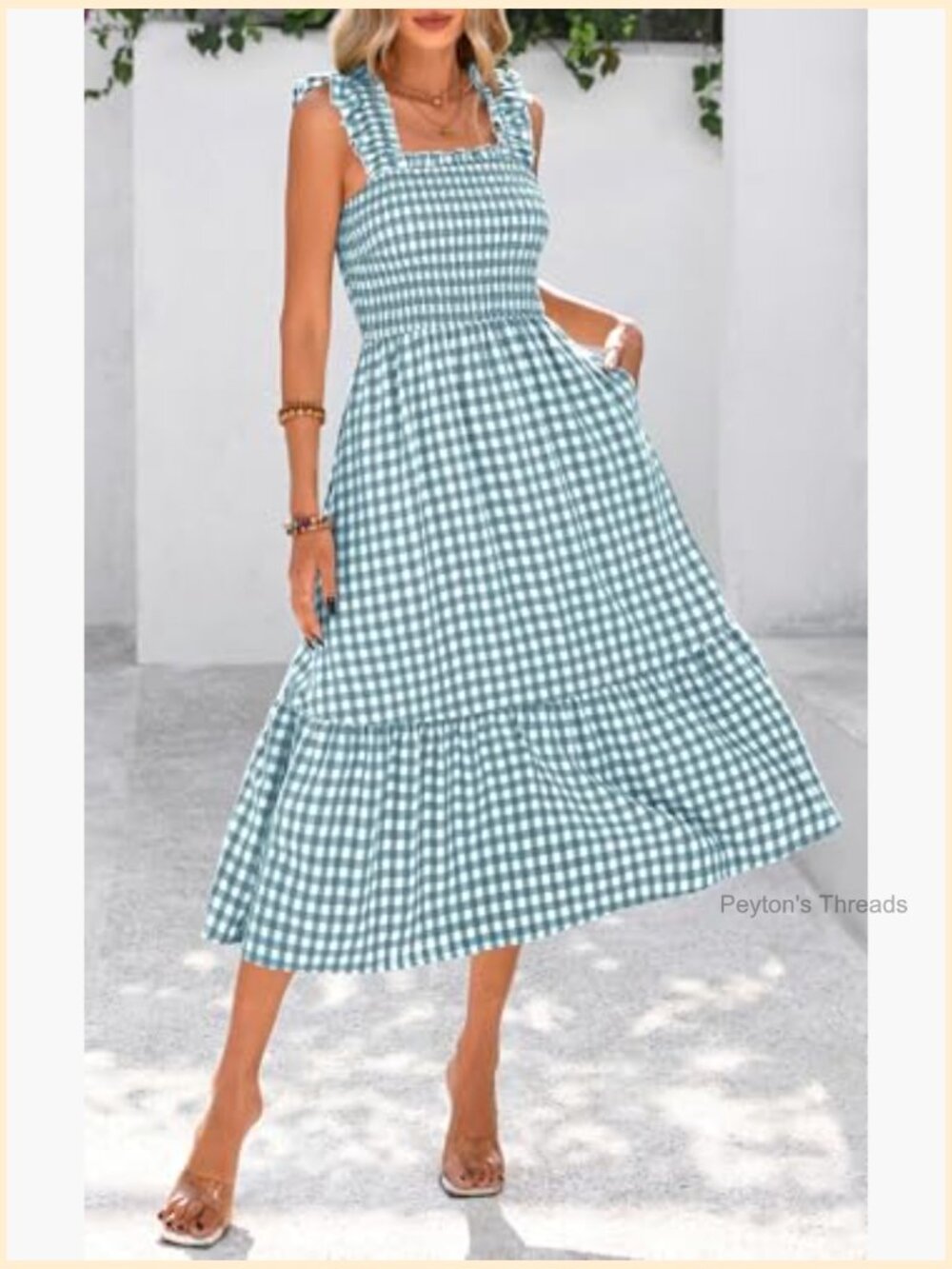 Women's Summer Dress Square Neck Ruffle Strap Gingham Smocked Midi Flowy A-Line - Picture 6 of 7